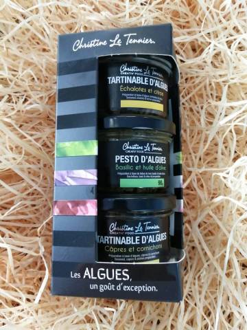 Tartinable d'algues chalotes et citron -pesto d'algues basilic et huile d'olive-tartinable d'algues capres et cornichon 